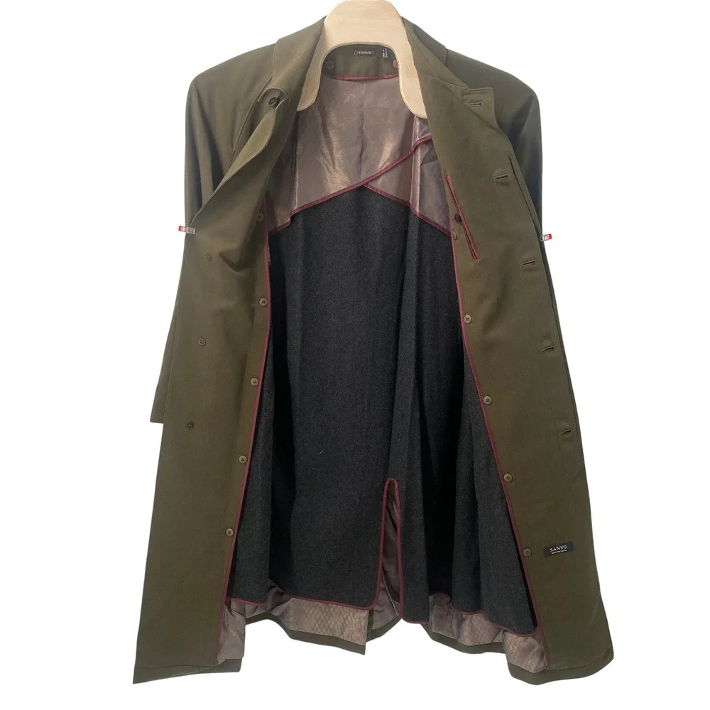 NWT Sanyo New York Mens 42R Trench Coat Olive Green Wool Lining‎ Dress Coat